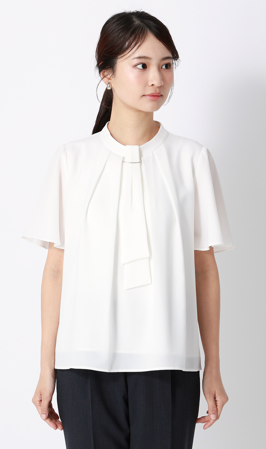 名品アクセサリー付きボウタイブラウス【4WAY】【半袖】 ホワイト S