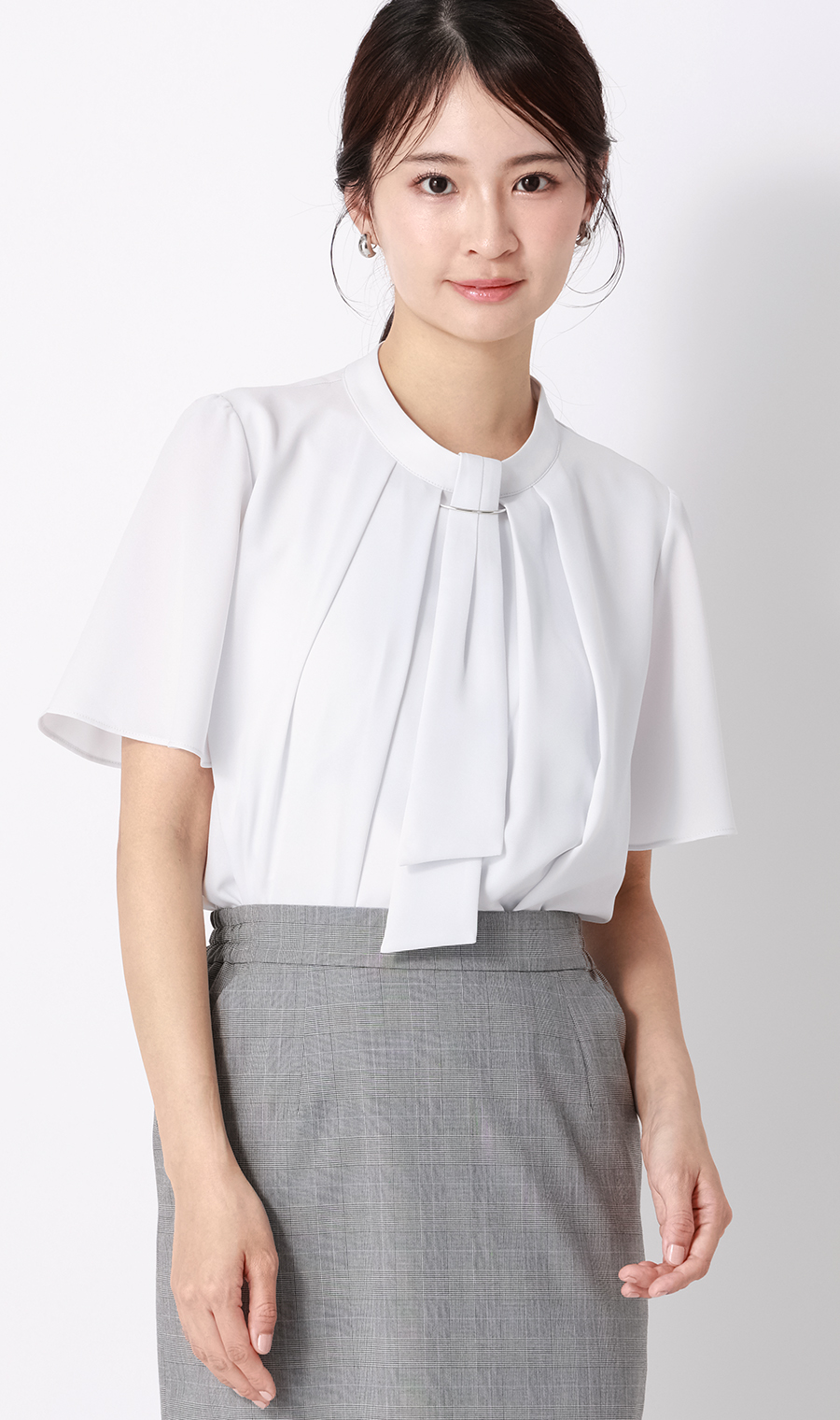 名品アクセサリー付きボウタイブラウス【4WAY】【半袖】 サックス S