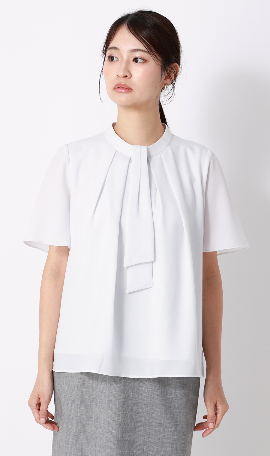 名品アクセサリー付きボウタイブラウス【4WAY】【半袖】 サックス S