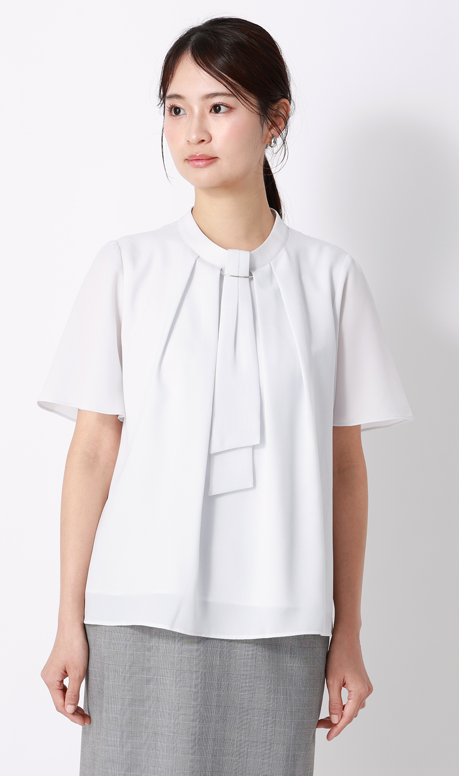 名品アクセサリー付きボウタイブラウス【4WAY】【半袖】 サックス S