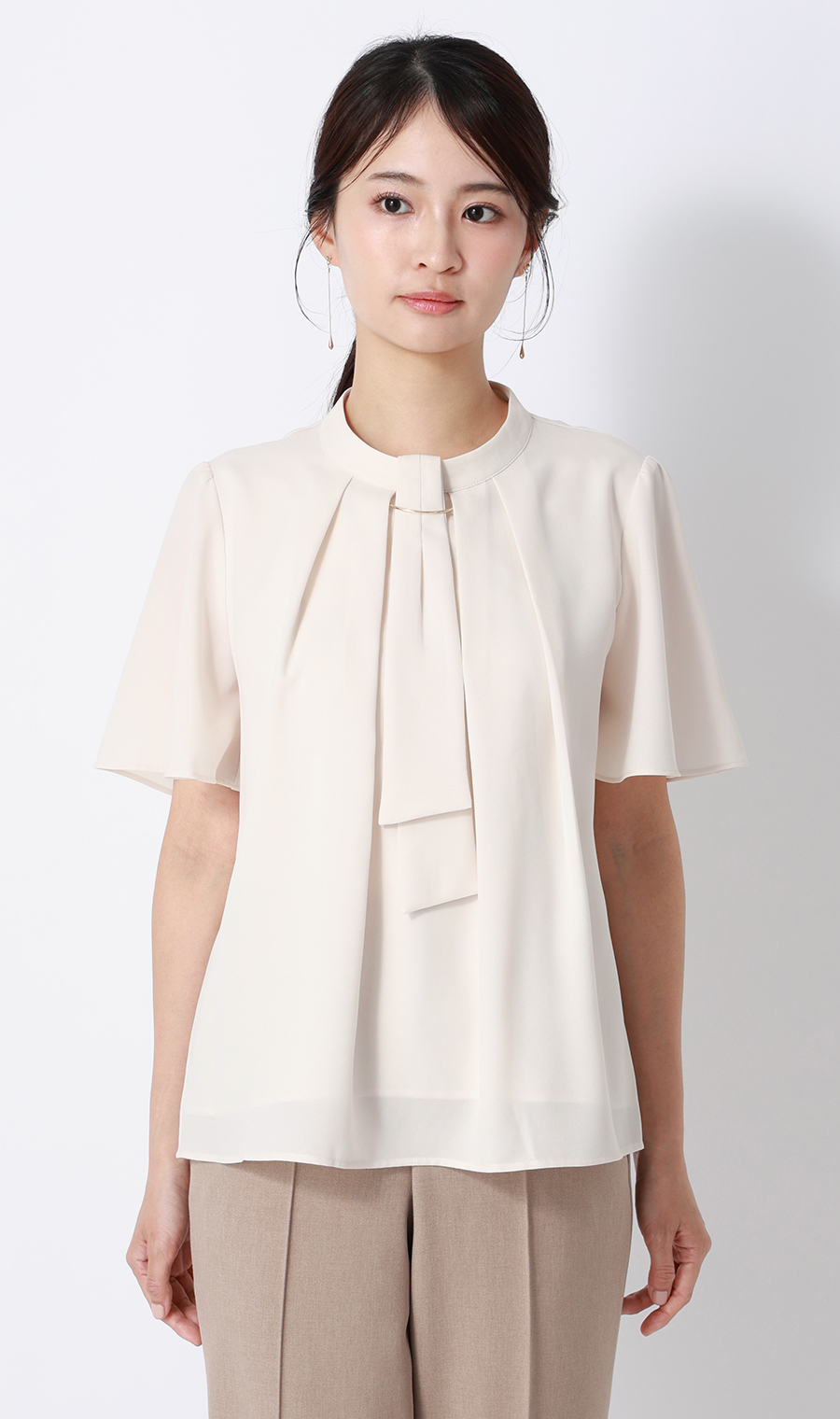 名品アクセサリー付きボウタイブラウス【4WAY】【半袖】 ベージュ S