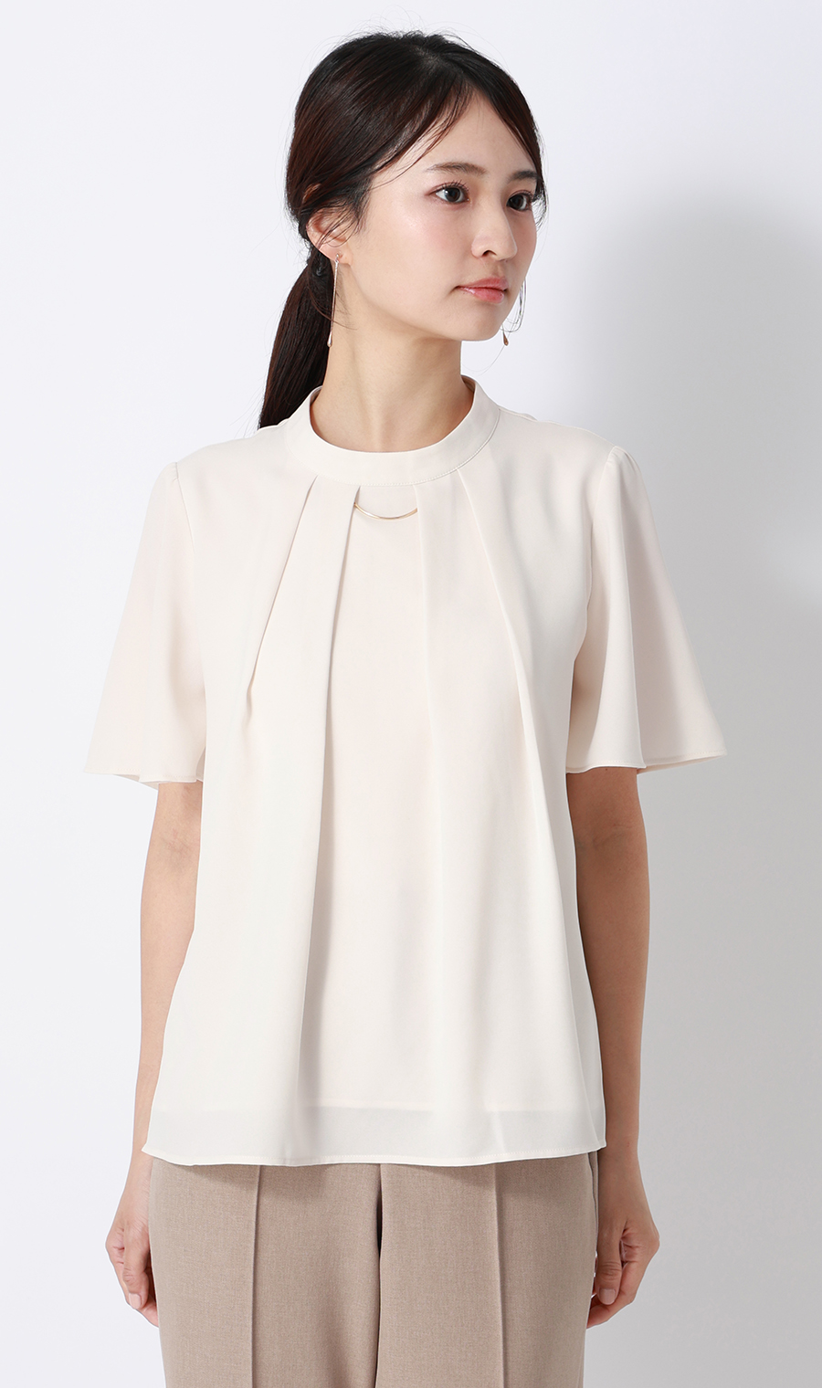 名品アクセサリー付きボウタイブラウス【4WAY】【半袖】 ベージュ S