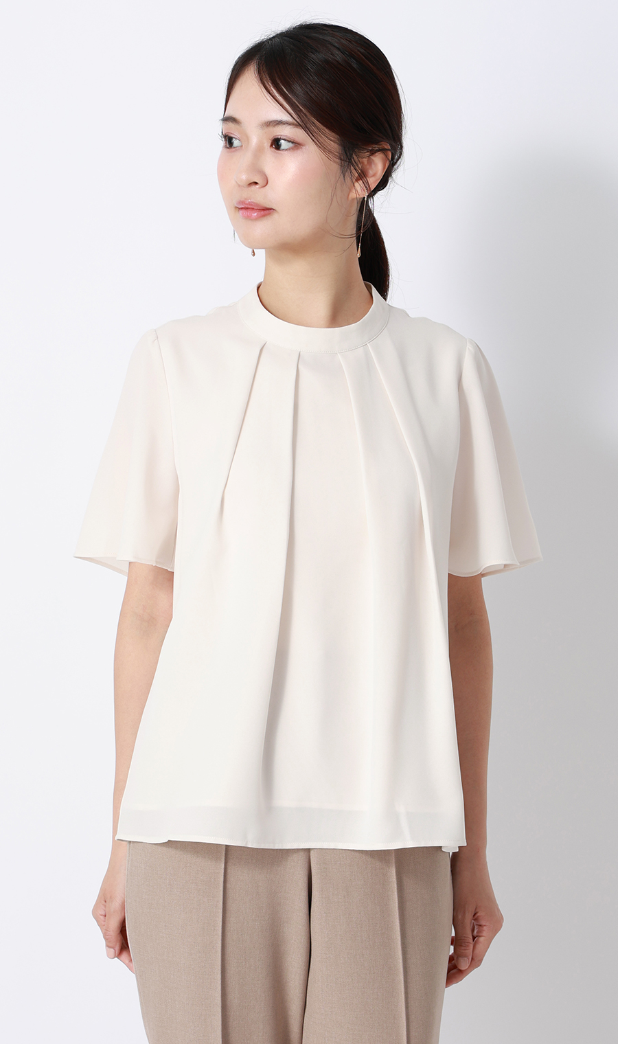 名品アクセサリー付きボウタイブラウス【4WAY】【半袖】 ベージュ S