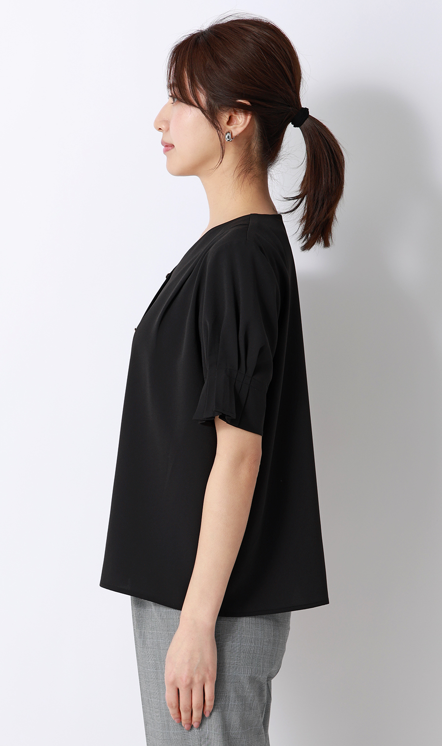 タックスリーブブラウス【半袖】 ブラック S