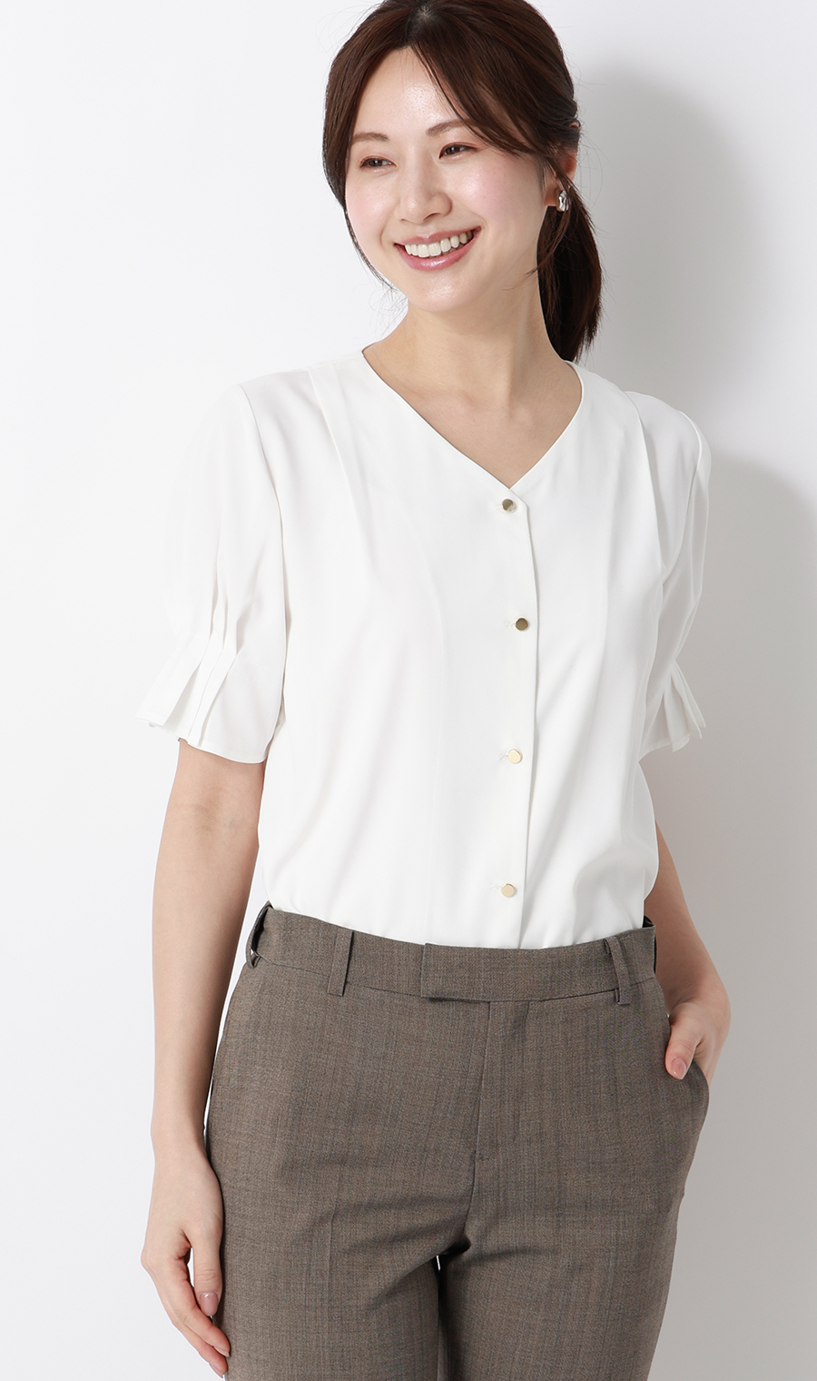 タックスリーブブラウス【半袖】 ホワイト S