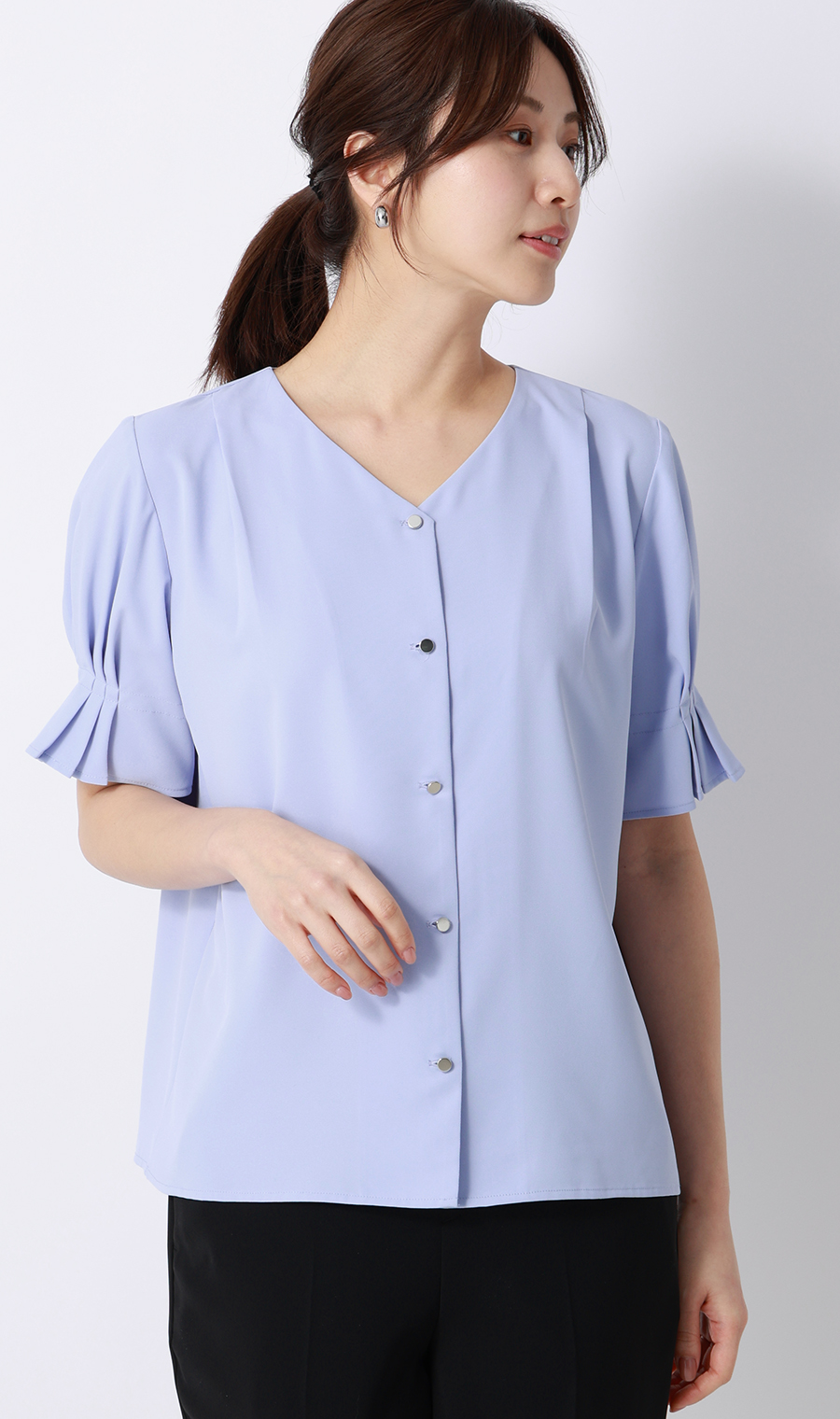タックスリーブブラウス【半袖】 サックス S