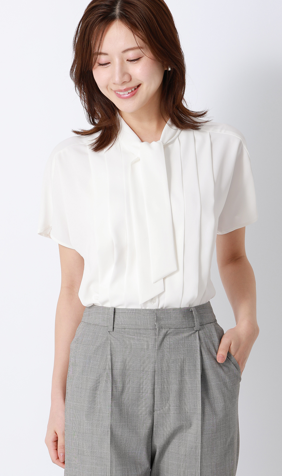 ボウタイドルマンスリーブブラウス【涼】【半袖】 ホワイト M