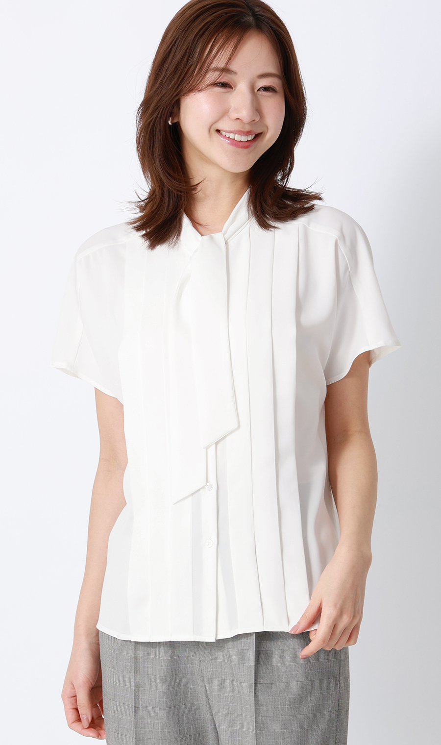 ボウタイドルマンスリーブブラウス【涼】【半袖】 ホワイト M