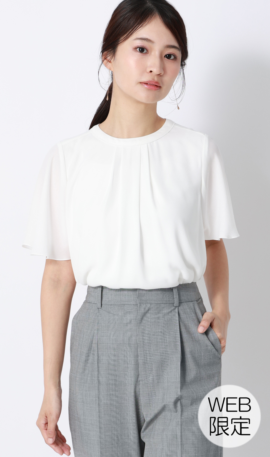 ■クルーネック配色ブラウス【半袖】【WEB限定】 ホワイト L