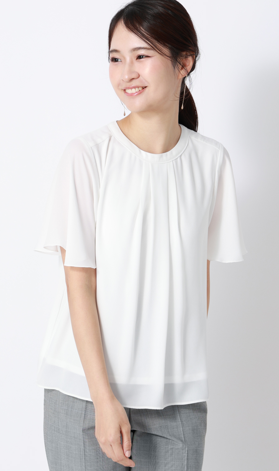 ■クルーネック配色ブラウス【半袖】【WEB限定】 ホワイト L