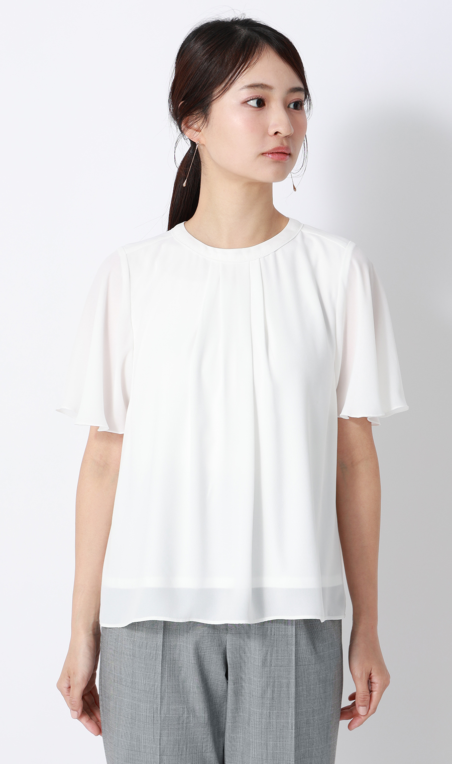■クルーネック配色ブラウス【半袖】【WEB限定】 ホワイト L