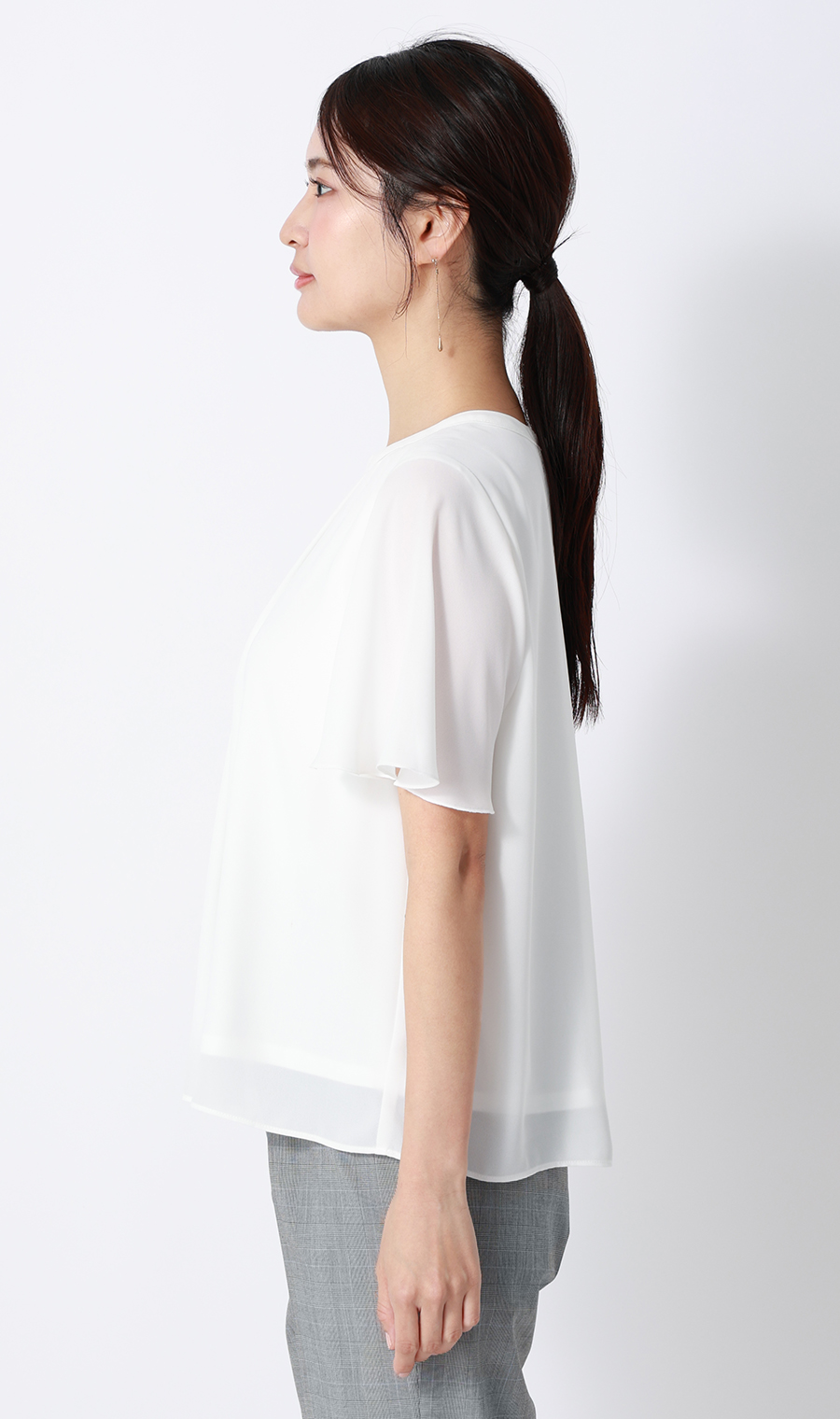 ■クルーネック配色ブラウス【半袖】【WEB限定】 ホワイト L