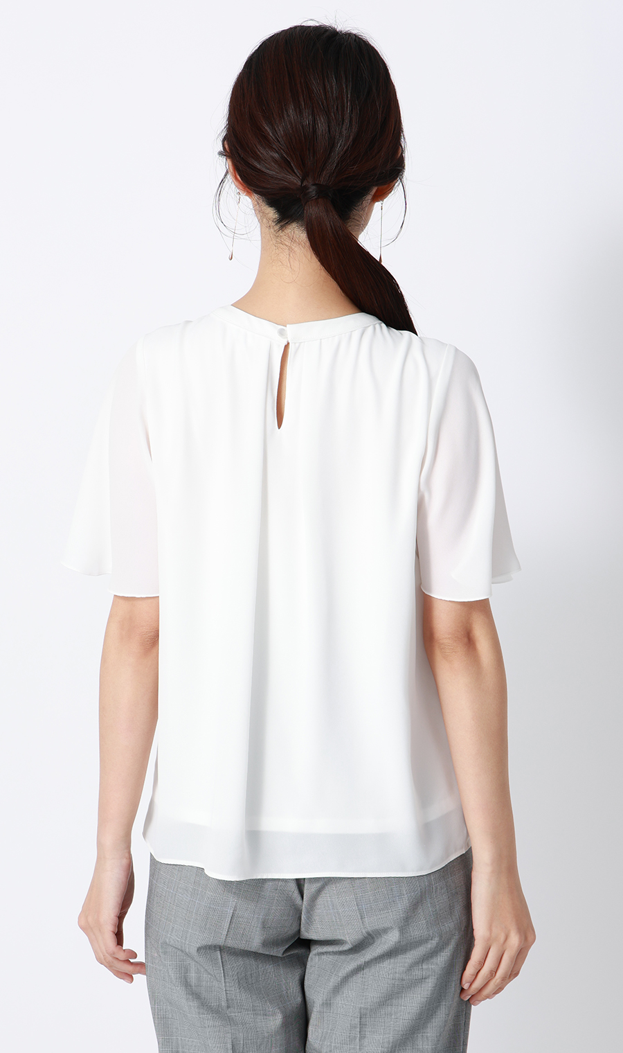 ■クルーネック配色ブラウス【半袖】【WEB限定】 ホワイト L