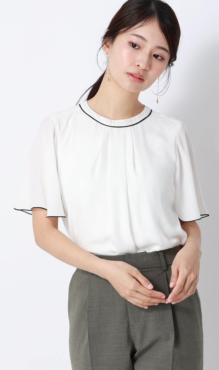 クルーネック配色ブラウス【半袖】 ホワイト 4L