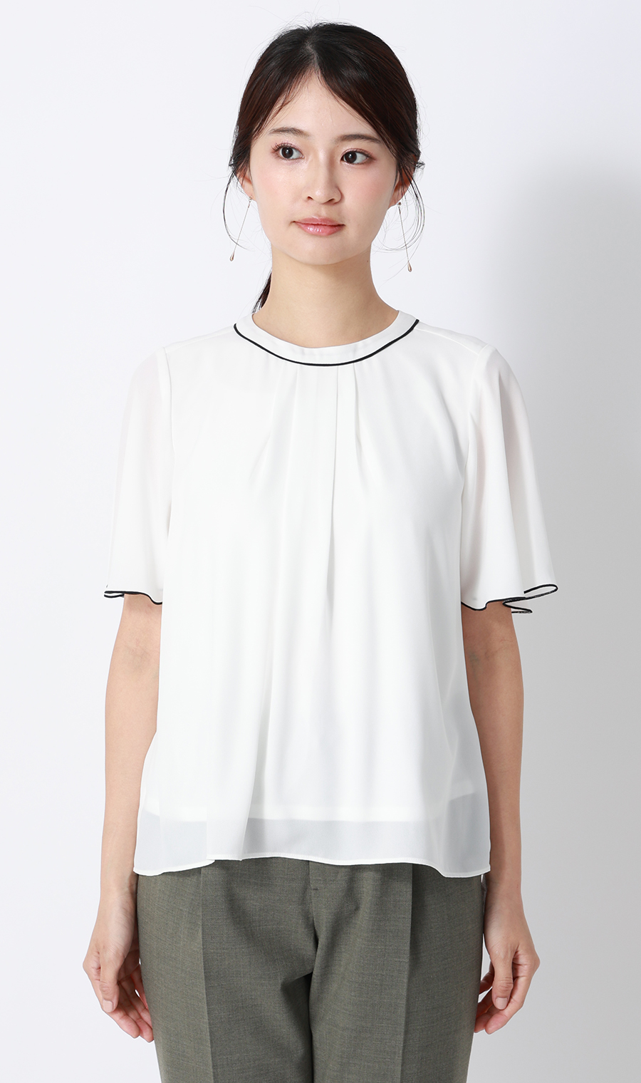 クルーネック配色ブラウス【半袖】 ホワイト 4L