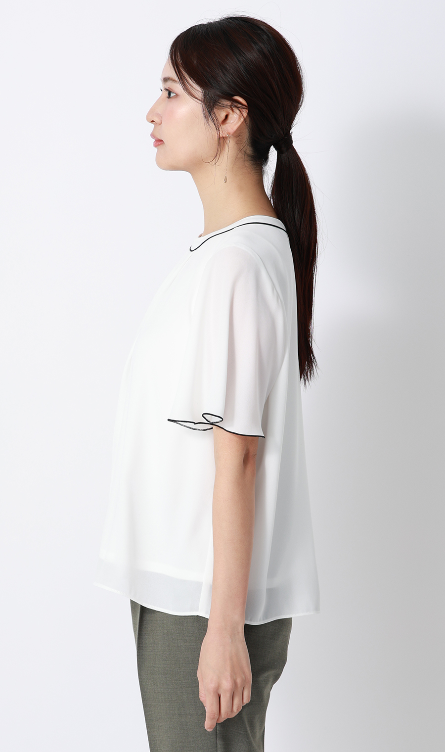 クルーネック配色ブラウス【半袖】 ホワイト 4L