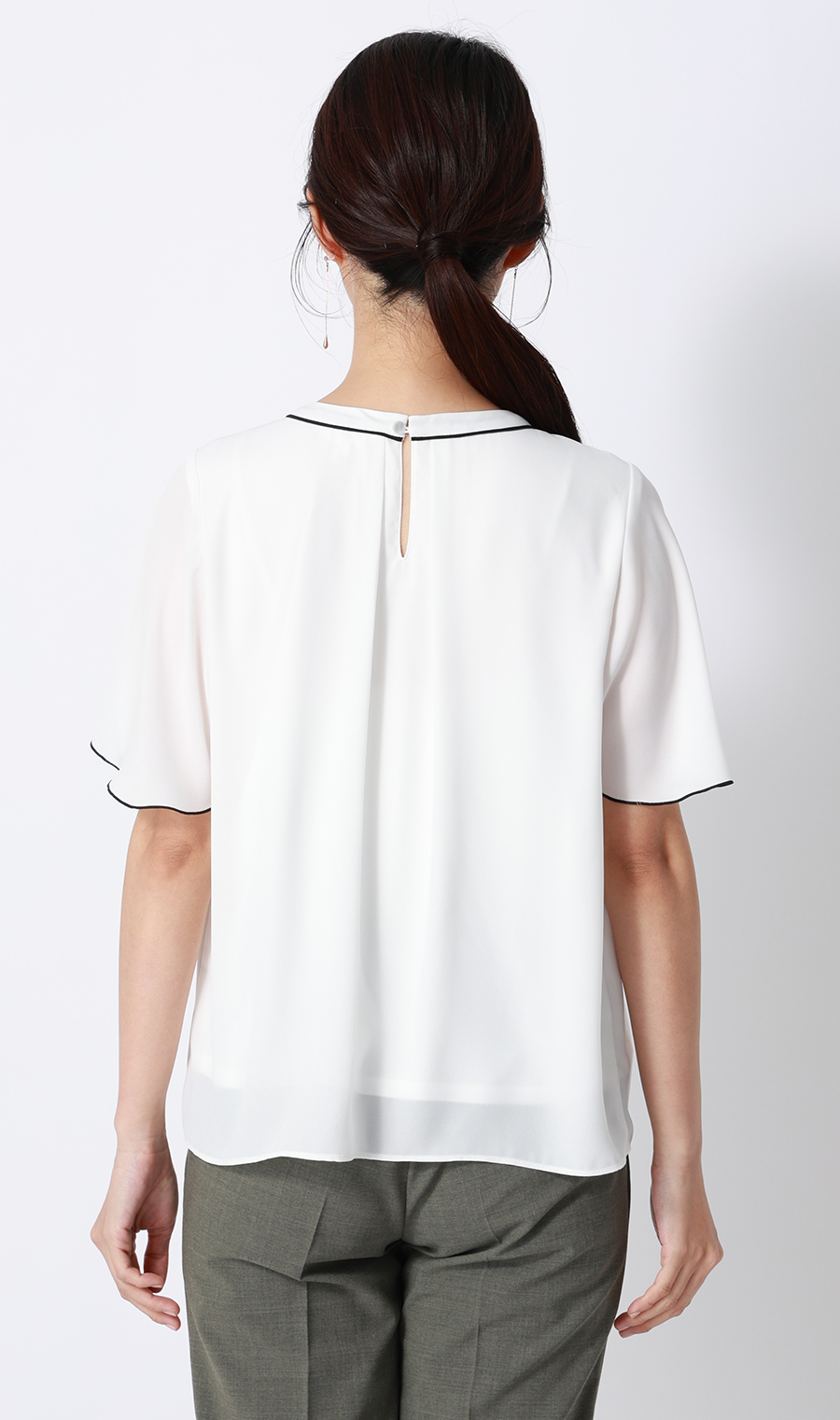 クルーネック配色ブラウス【半袖】 ホワイト 4L