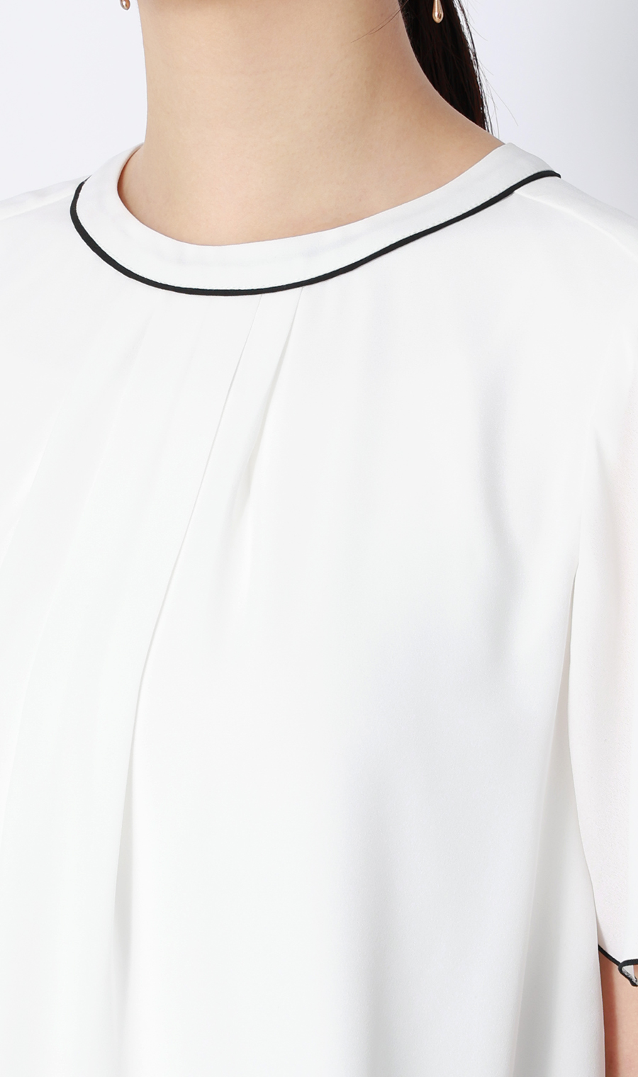 クルーネック配色ブラウス【半袖】 ホワイト 4L