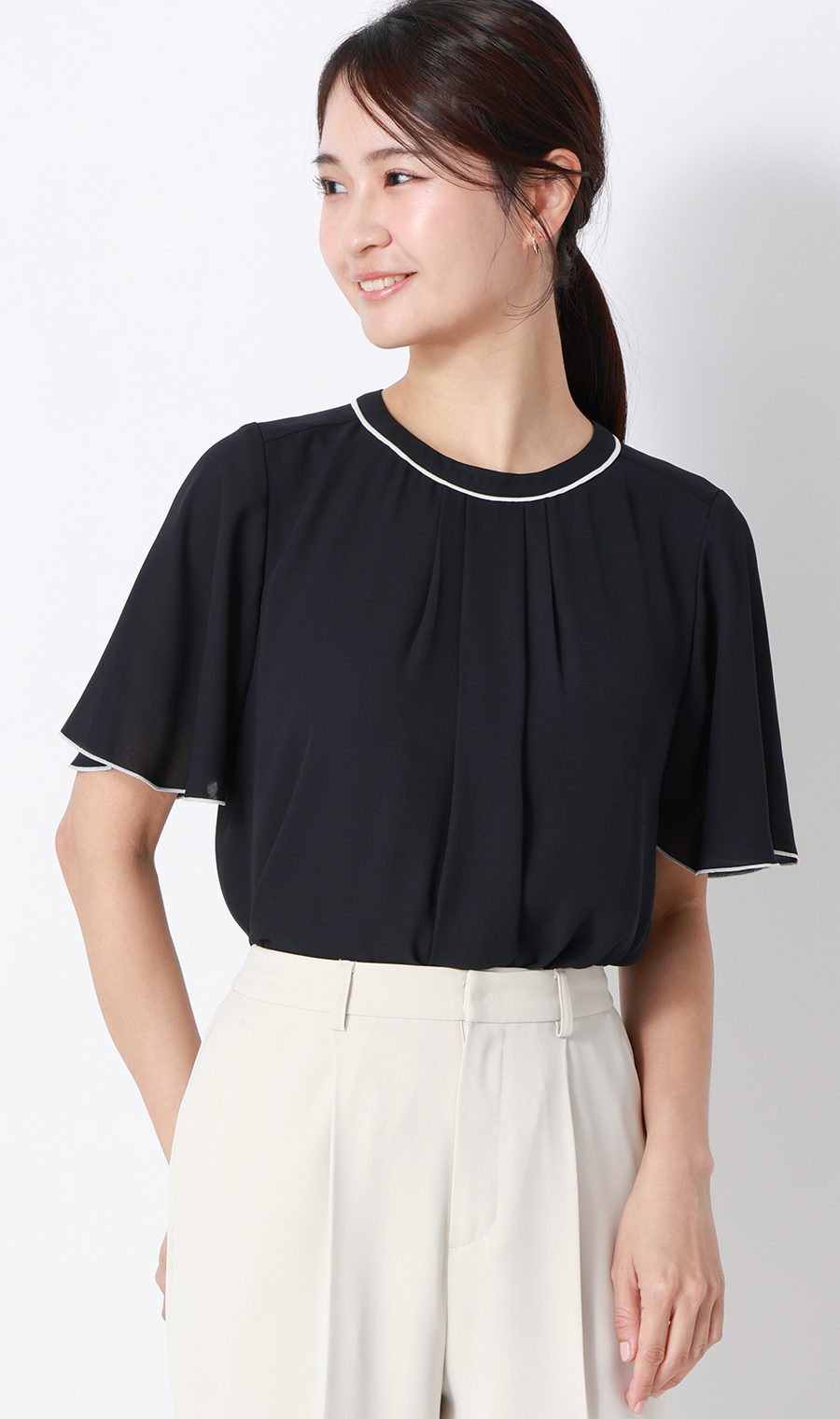 クルーネック配色ブラウス【半袖】 ネイビー SS