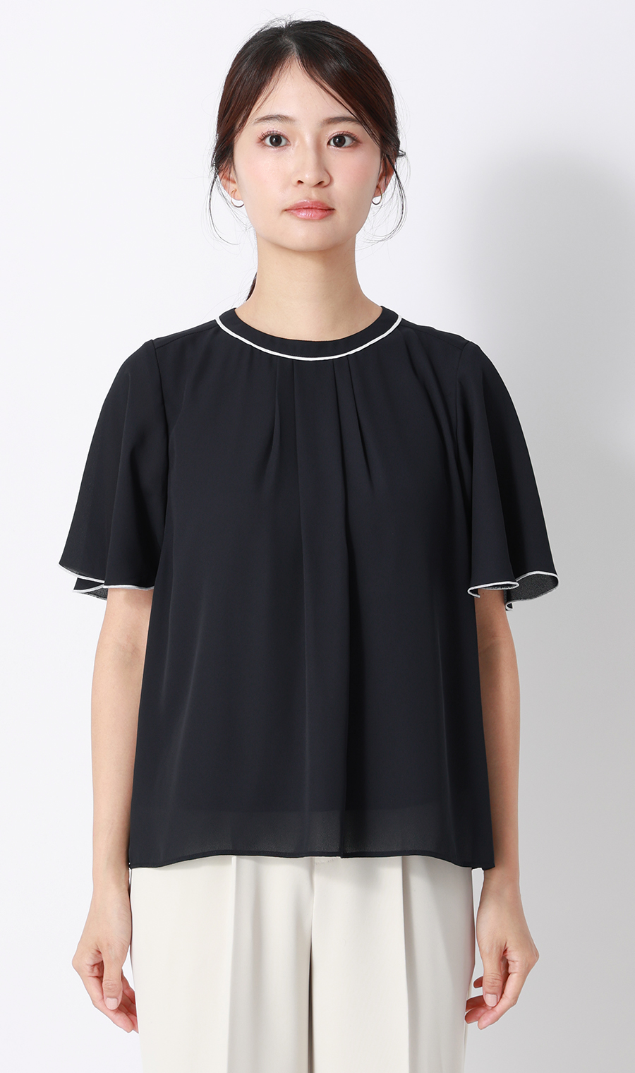 クルーネック配色ブラウス【半袖】 ネイビー SS