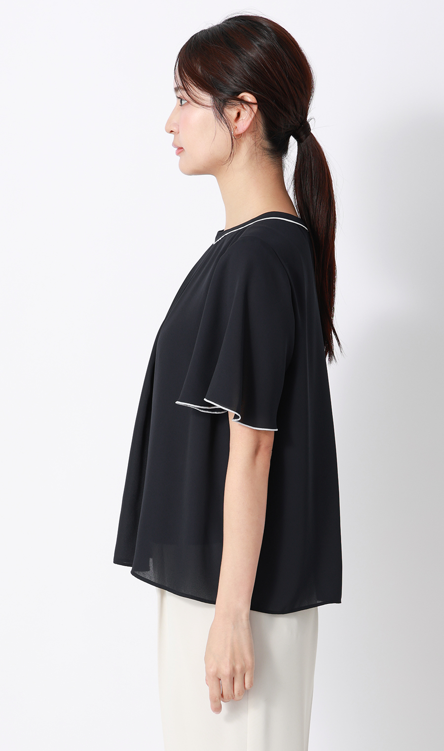 クルーネック配色ブラウス【半袖】 ネイビー SS