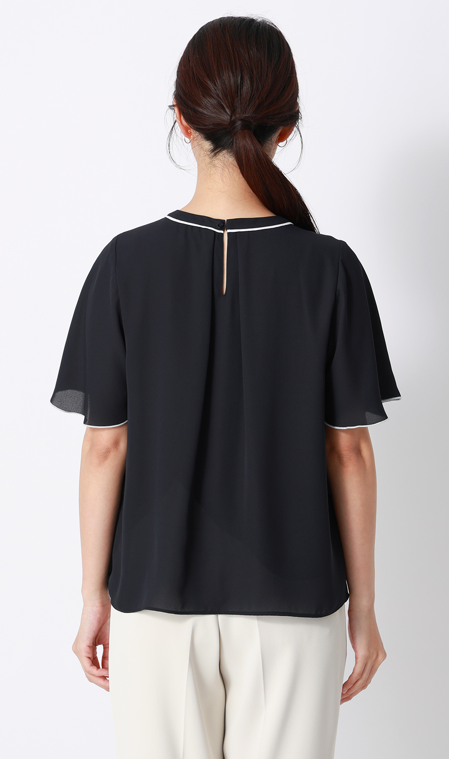 クルーネック配色ブラウス【半袖】 ネイビー SS