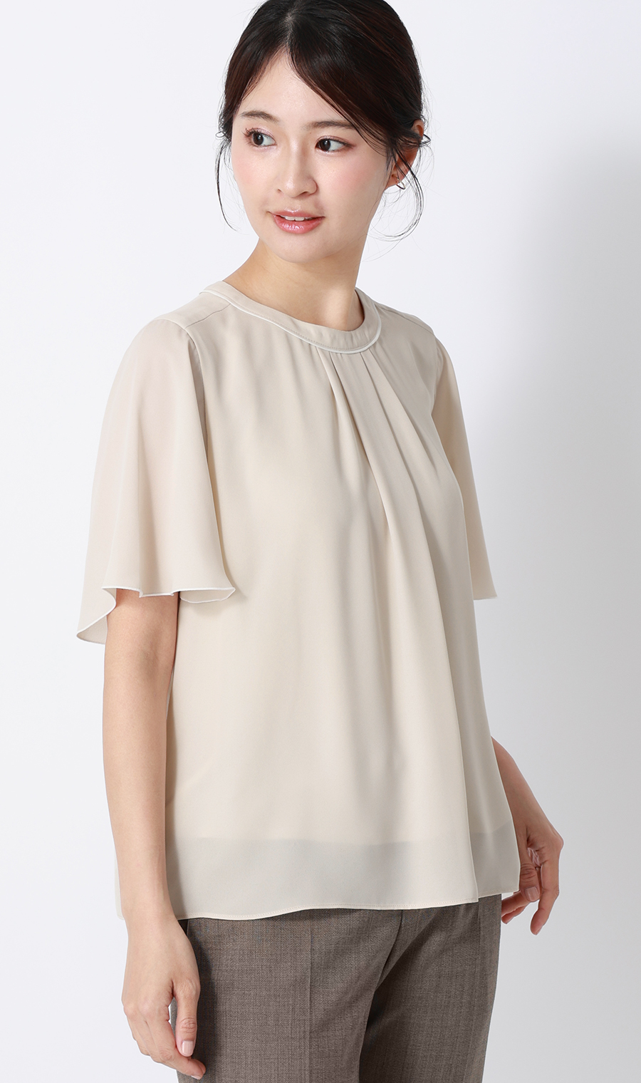 クルーネック配色ブラウス【半袖】 ベージュ SS