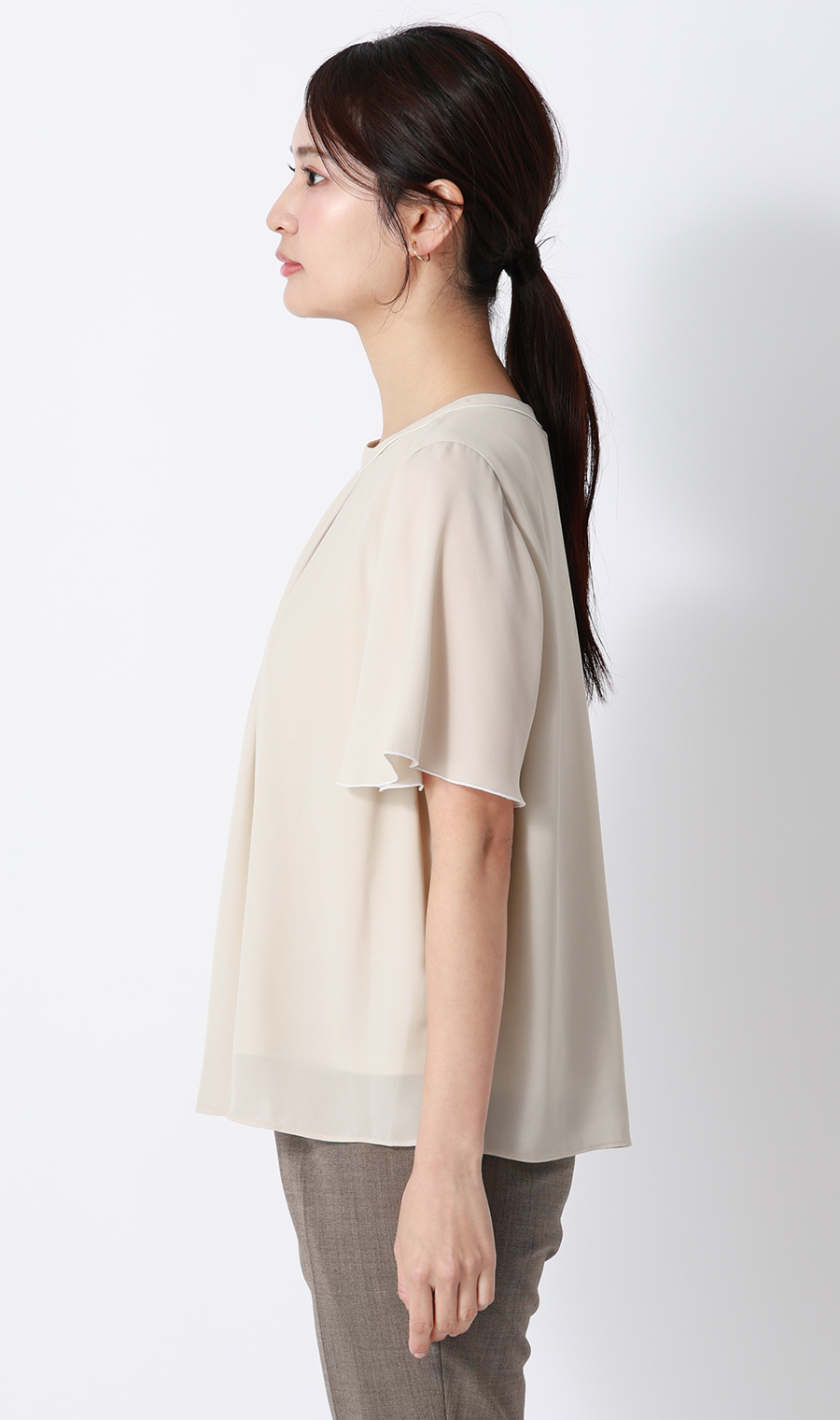 クルーネック配色ブラウス【半袖】 ベージュ SS