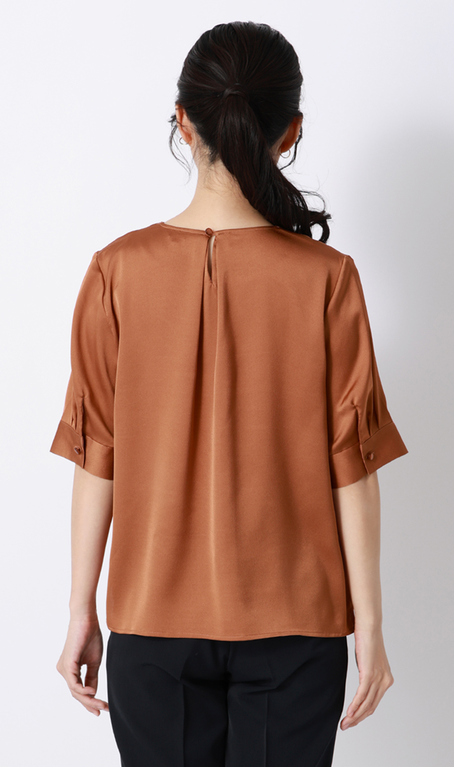 Vネックサテンブラウス【涼】【半袖】 オレンジ S