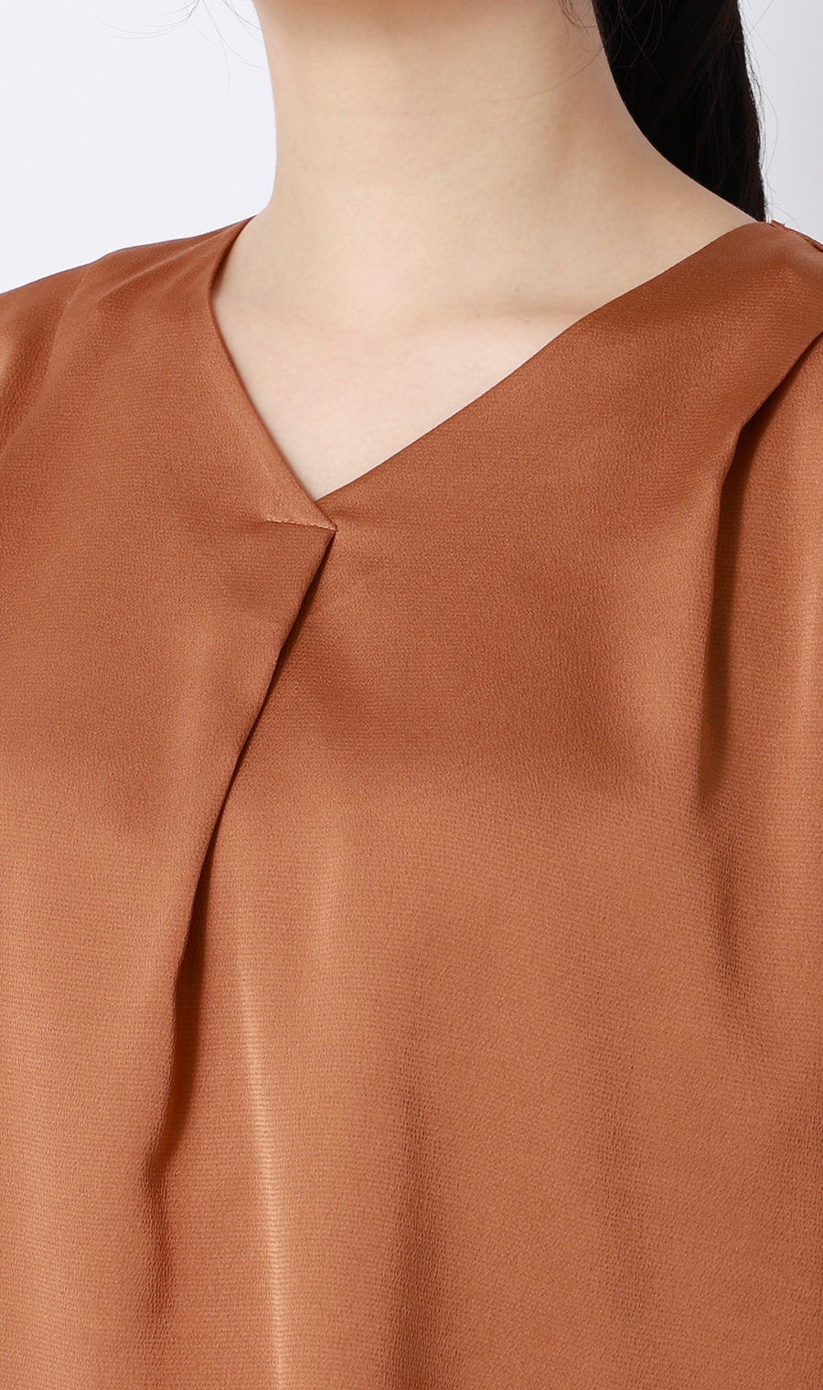 Vネックサテンブラウス【涼】【半袖】 オレンジ S