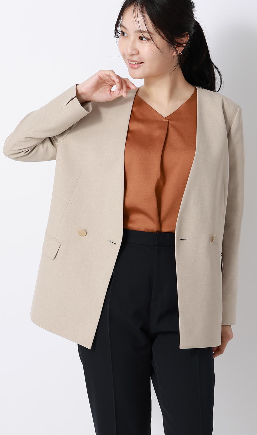 Vネックサテンブラウス【涼】【半袖】 オレンジ S