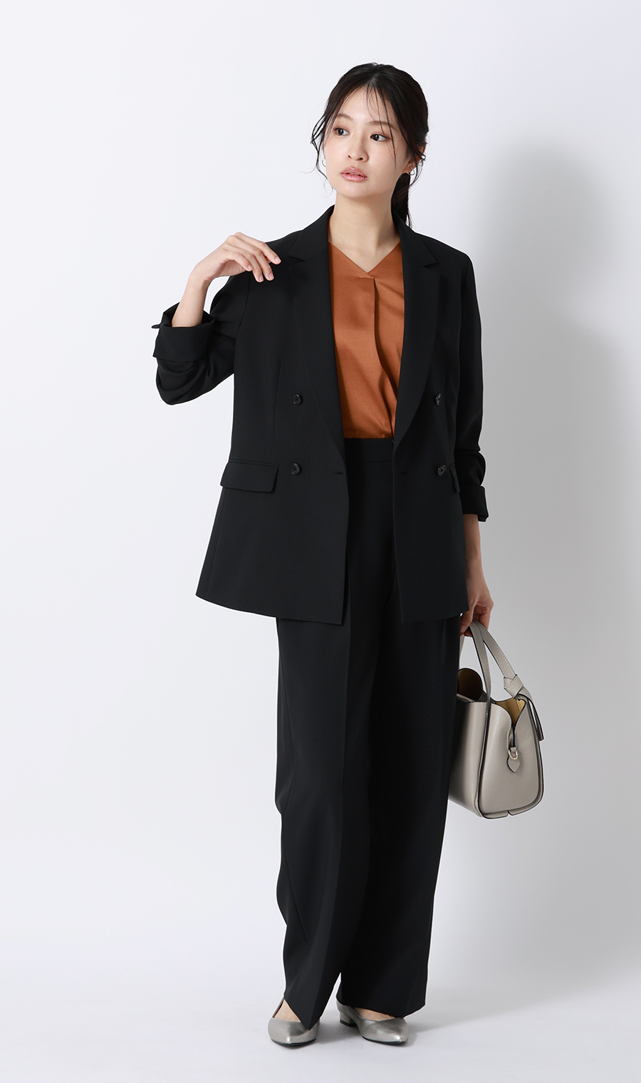 Vネックサテンブラウス【涼】【半袖】 オレンジ S