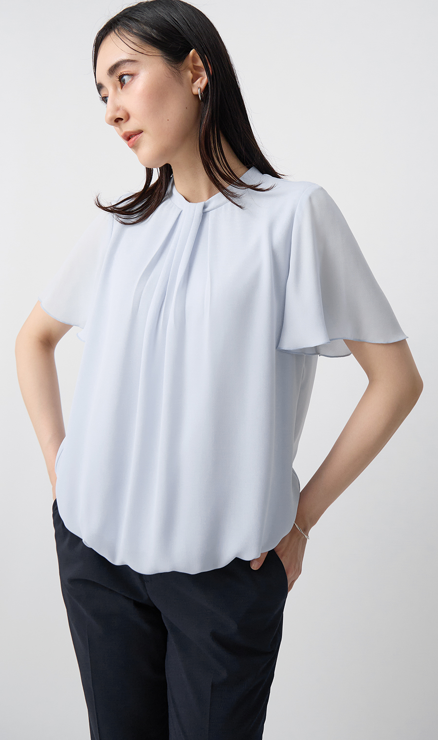 フロントタックバルーンヘムブラウス【涼】【半袖】 サックス SS