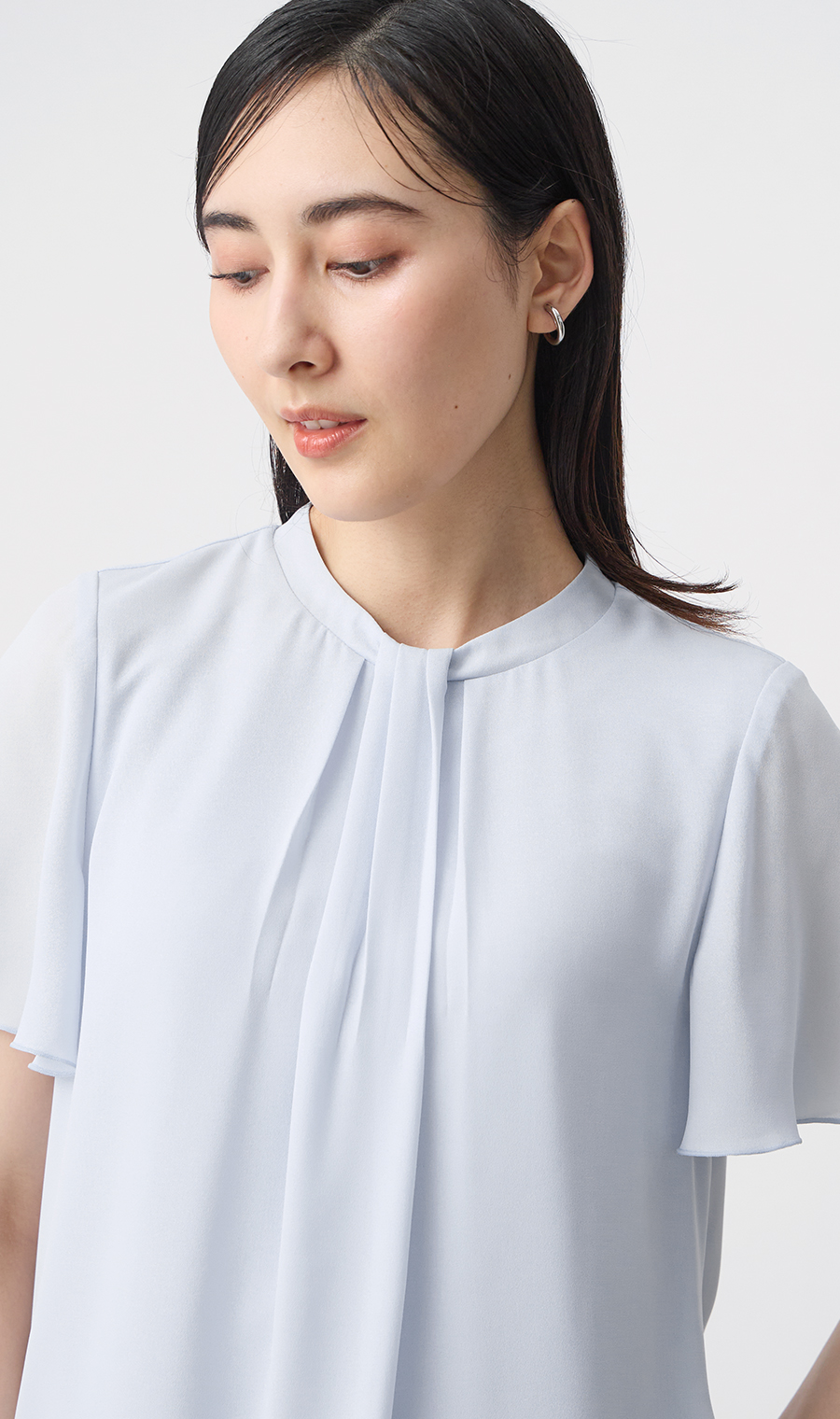 フロントタックバルーンヘムブラウス【涼】【半袖】 サックス SS