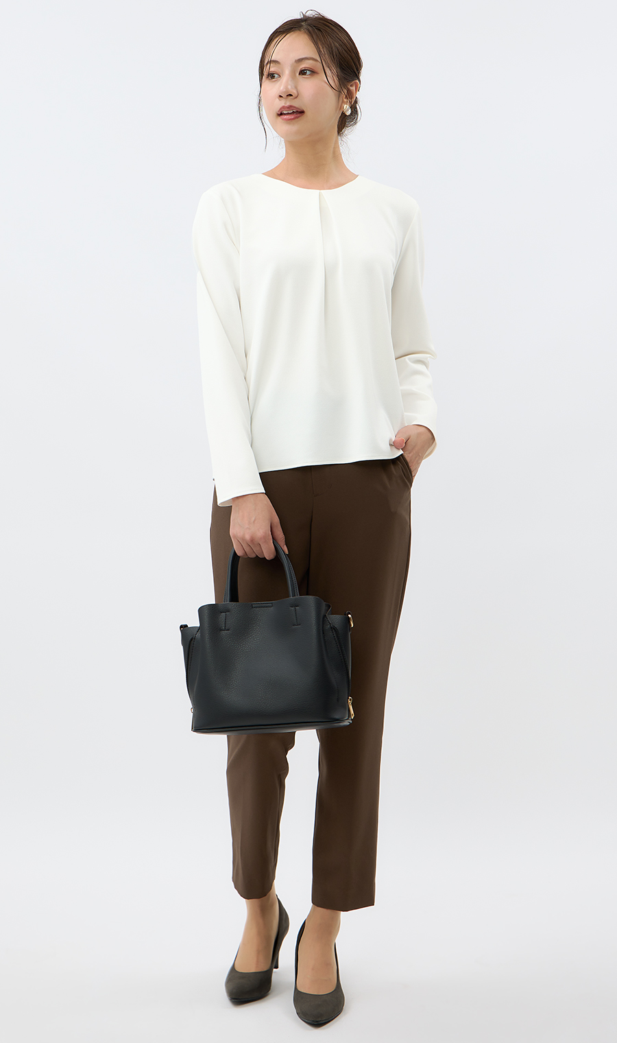 ゼロプレッシャーブラウス【タックデザイン】【長袖】 ホワイト LL