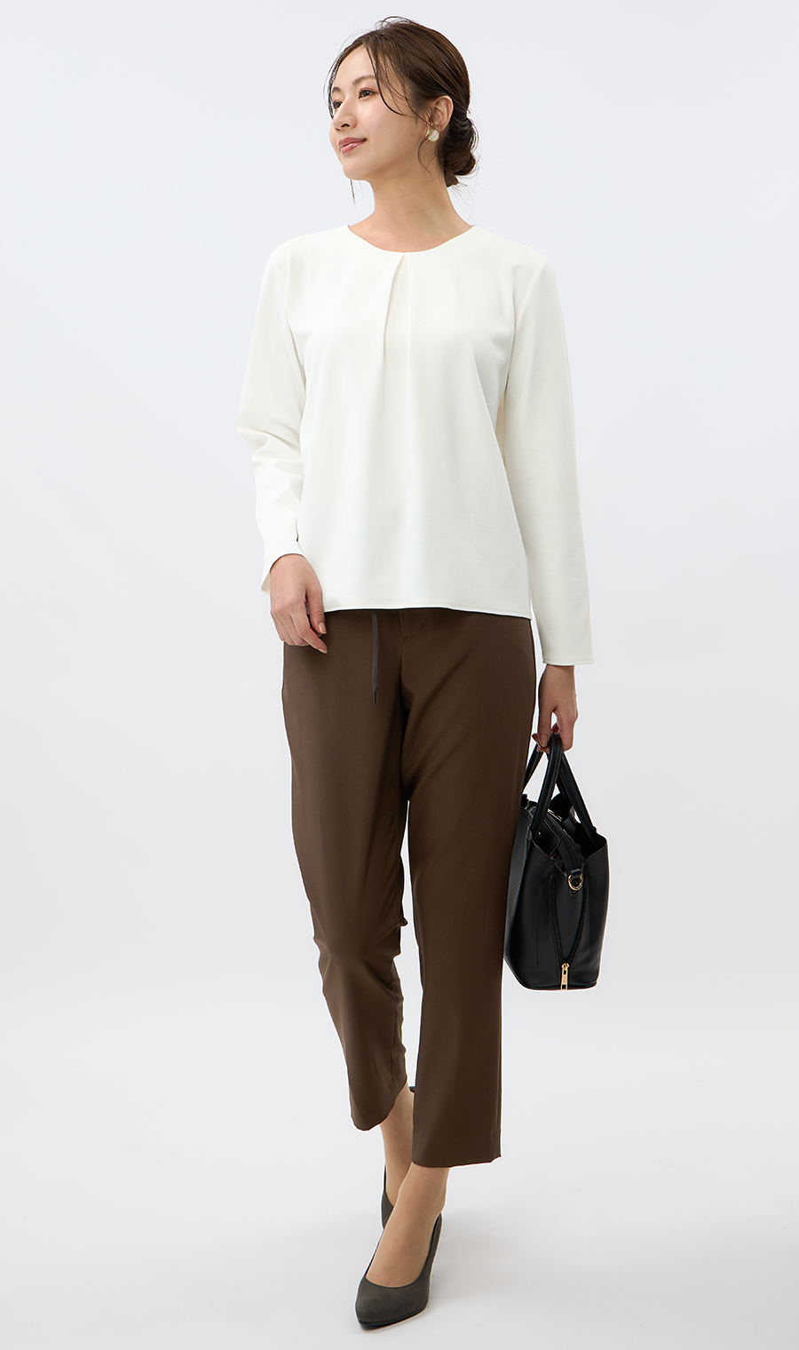 ゼロプレッシャーブラウス【タックデザイン】【長袖】 ホワイト LL