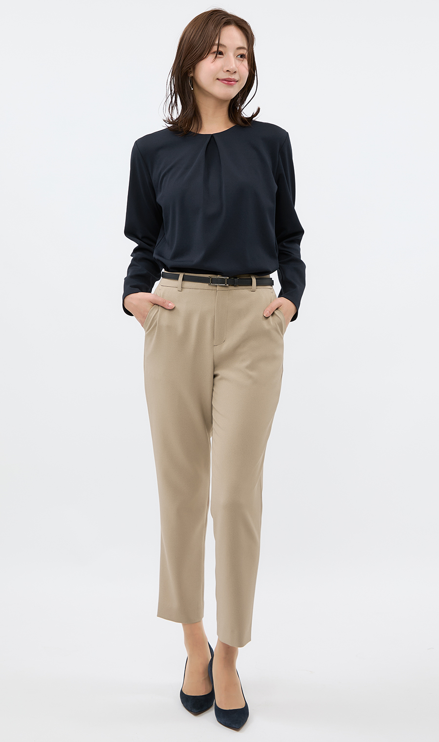 ゼロプレッシャーブラウス【タックデザイン】【長袖】 ネイビー S