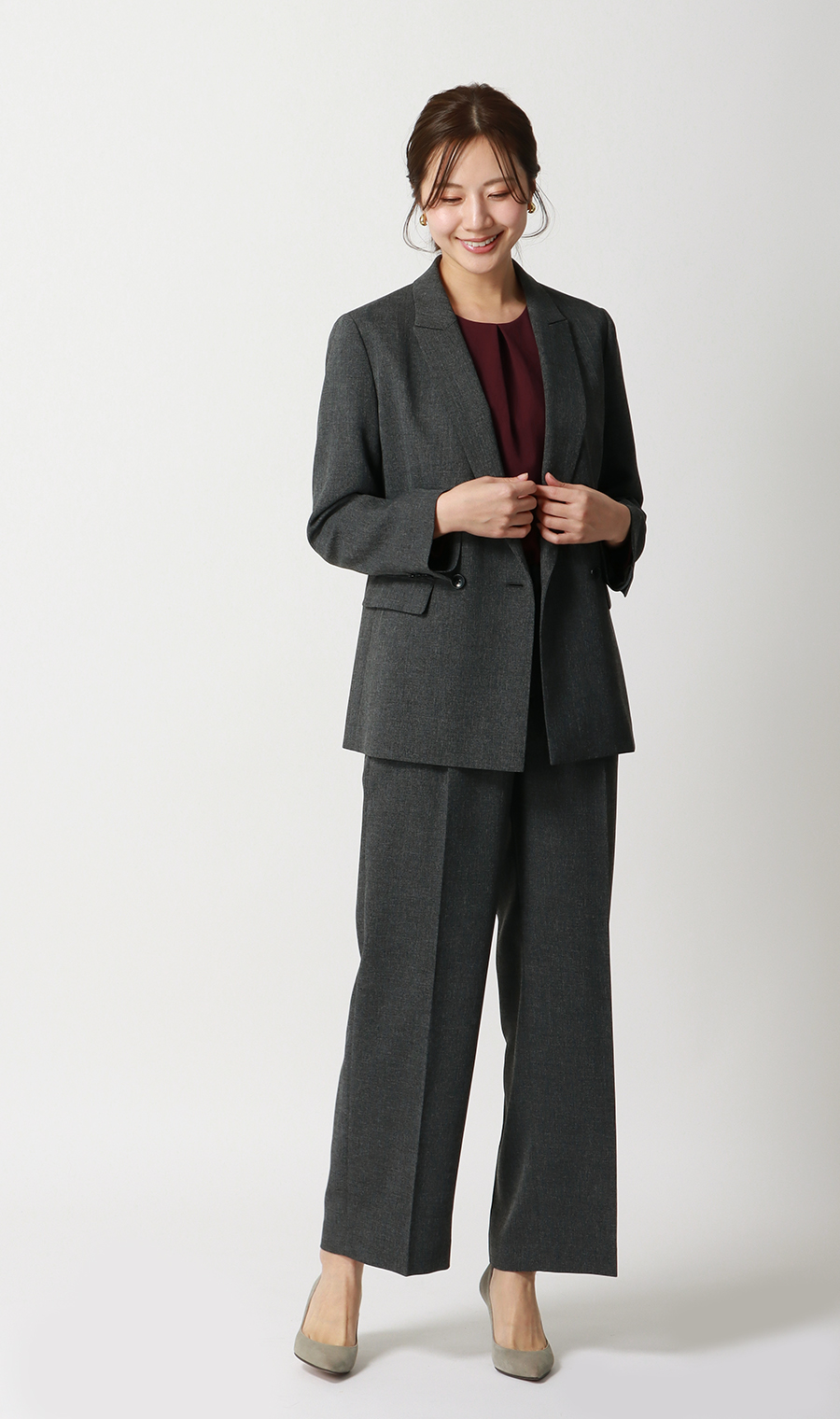 ゼロプレッシャーブラウス【タックデザイン】【長袖】 ワイン S