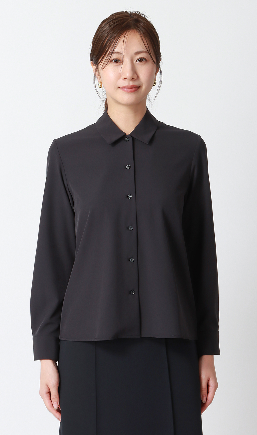 【みんなのブラウス】ゼロプレッシャーブラウス【シャツカラー】【長袖】 ブラック SS