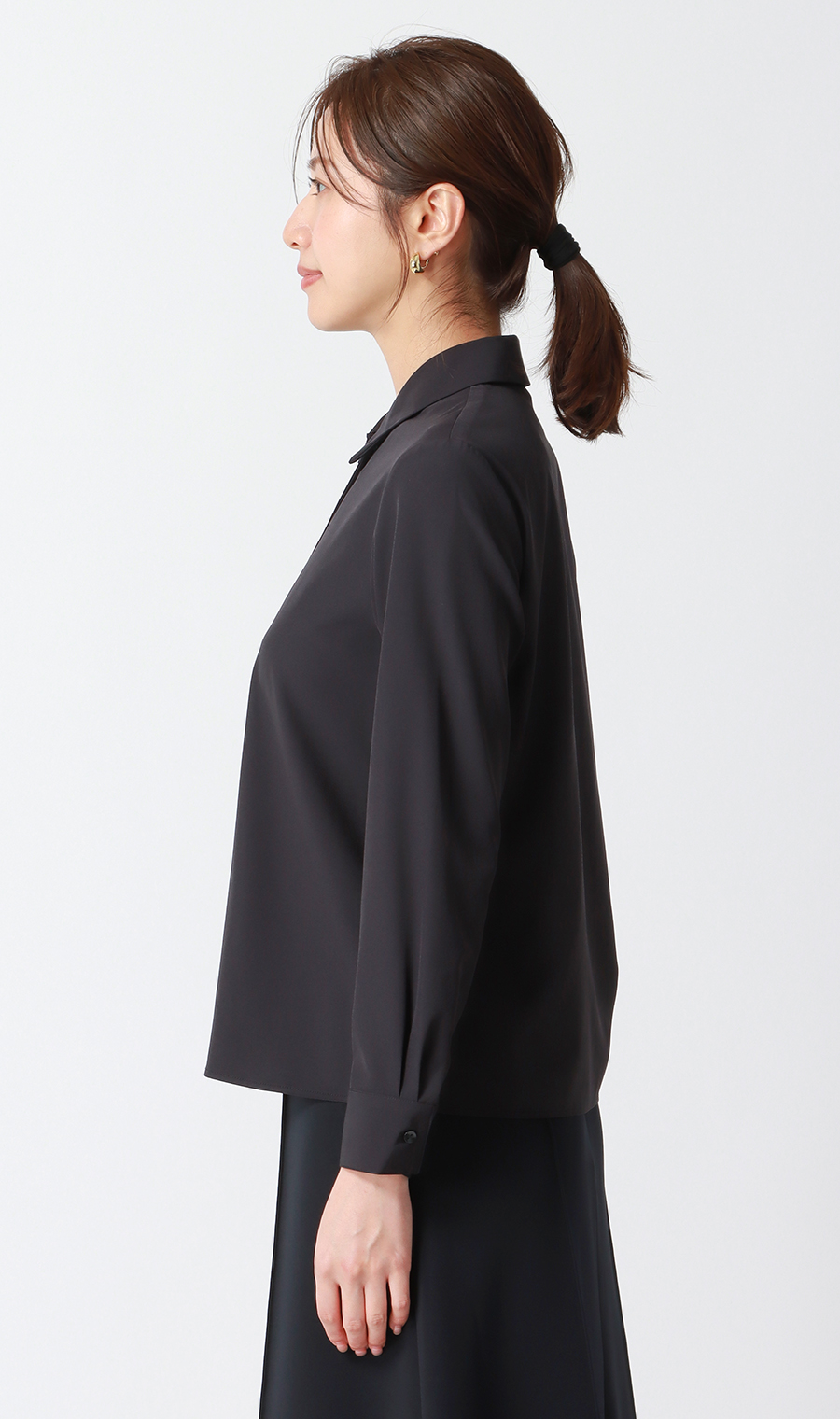 【みんなのブラウス】ゼロプレッシャーブラウス【シャツカラー】【長袖】 ブラック SS