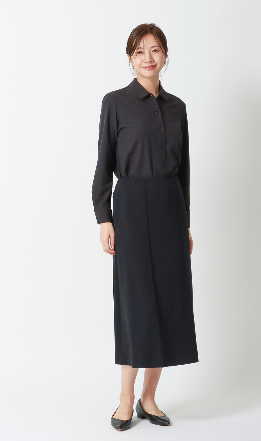 【みんなのブラウス】ゼロプレッシャーブラウス【シャツカラー】【長袖】 ブラック SS