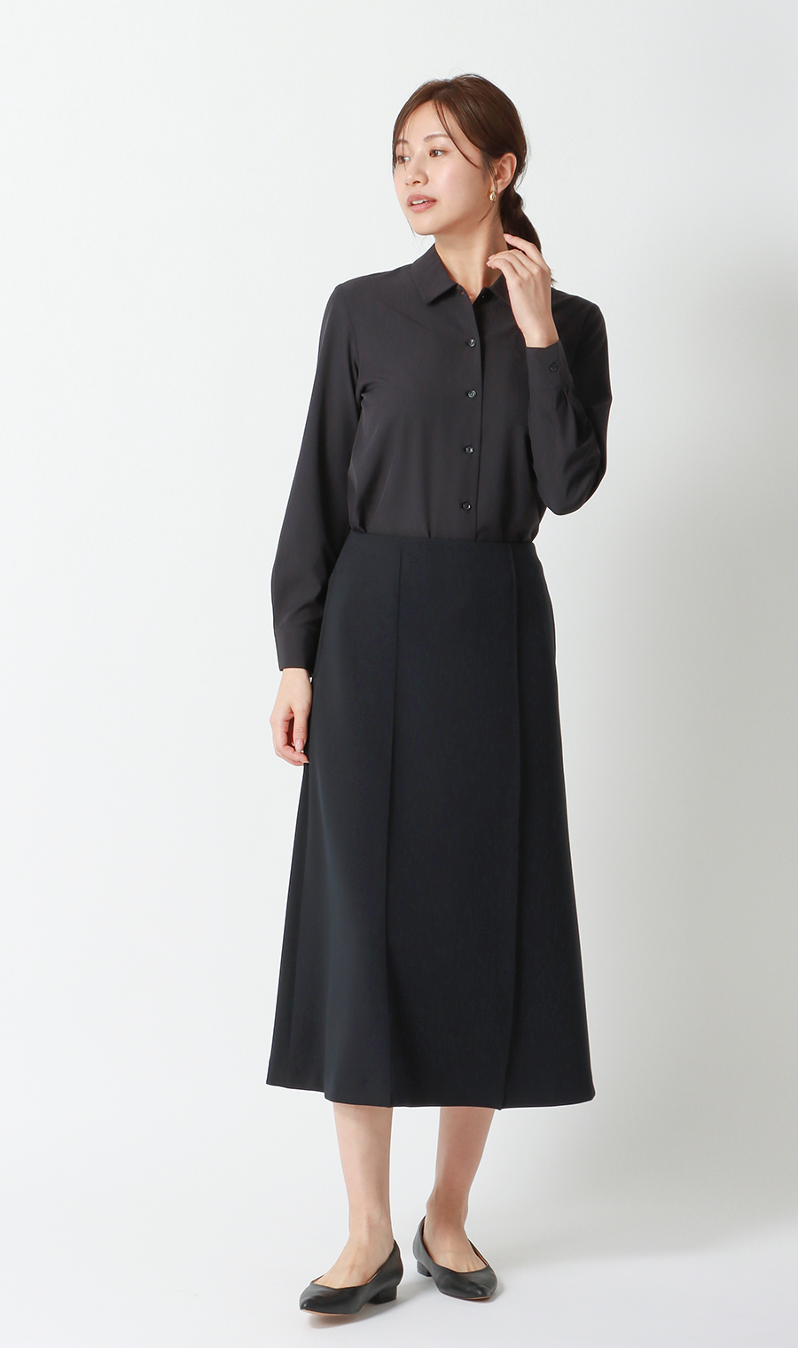 【みんなのブラウス】ゼロプレッシャーブラウス【シャツカラー】【長袖】 ブラック SS