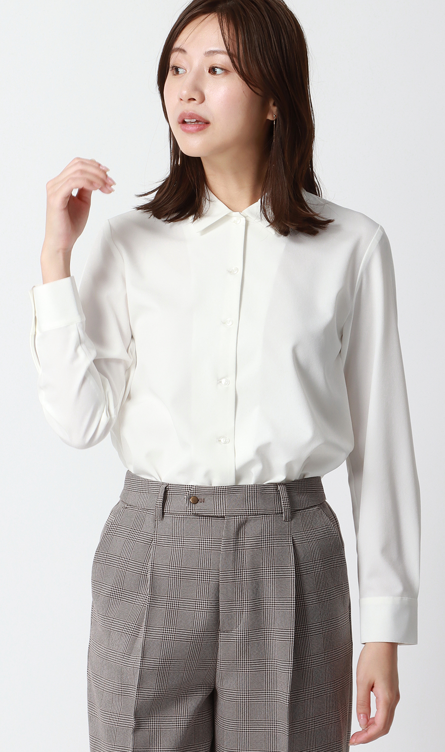 【みんなのブラウス】ゼロプレッシャーブラウス【シャツカラー】【長袖】 ホワイト SS