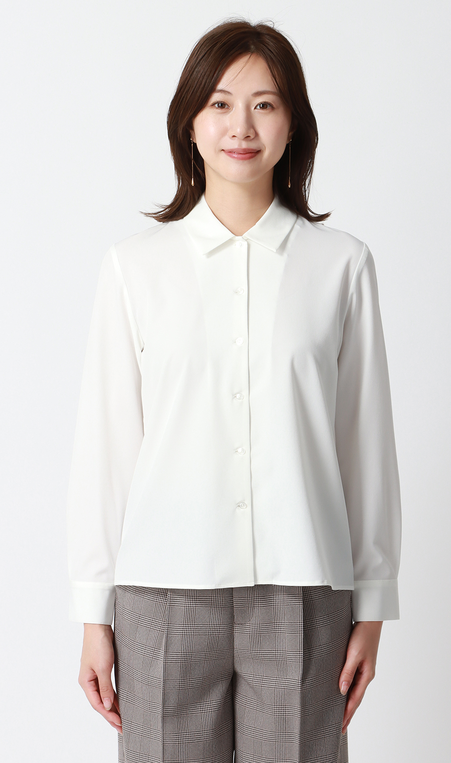 【みんなのブラウス】ゼロプレッシャーブラウス【シャツカラー】【長袖】 ホワイト SS