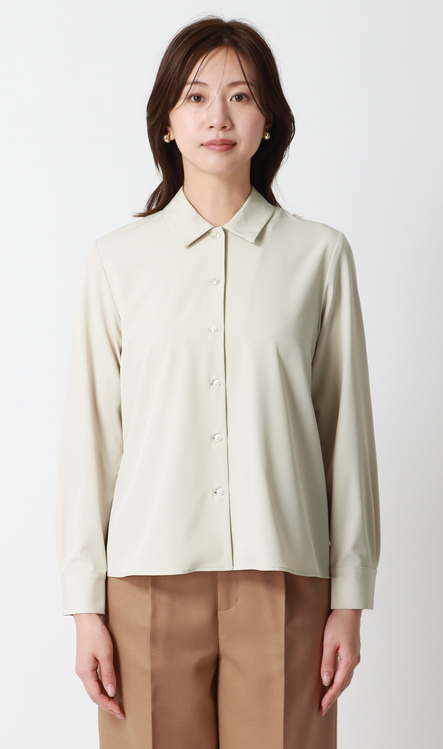 【みんなのブラウス】ゼロプレッシャーブラウス【シャツカラー】【長袖】 ベージュ S