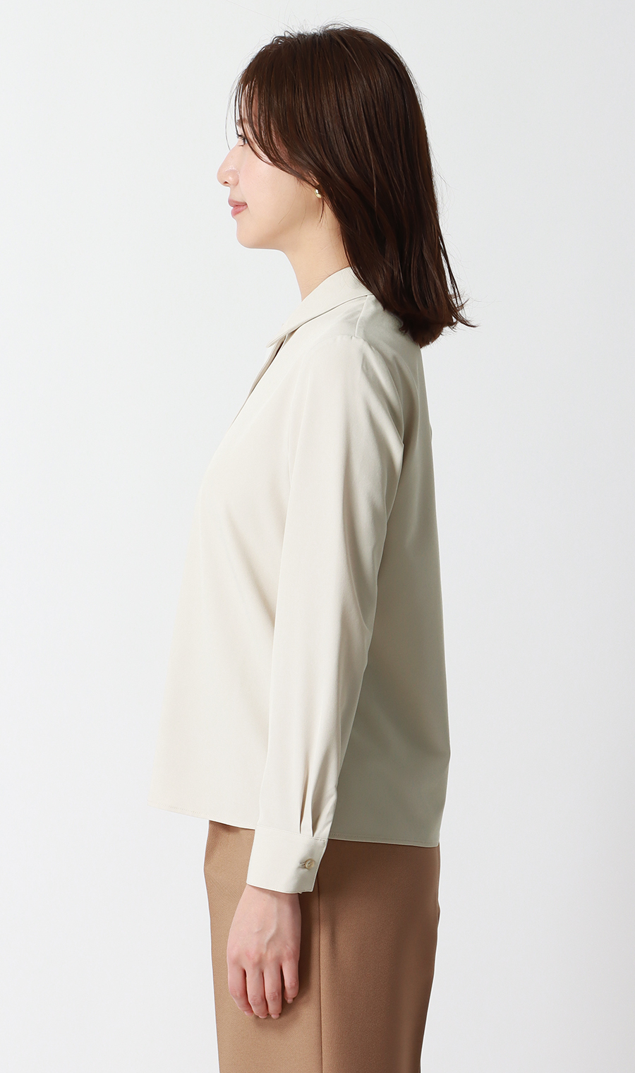 【みんなのブラウス】ゼロプレッシャーブラウス【シャツカラー】【長袖】 ベージュ S