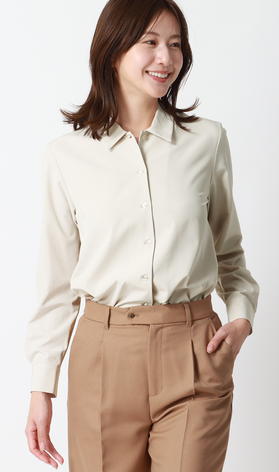 【みんなのブラウス】ゼロプレッシャーブラウス【シャツカラー】【長袖】 ベージュ S