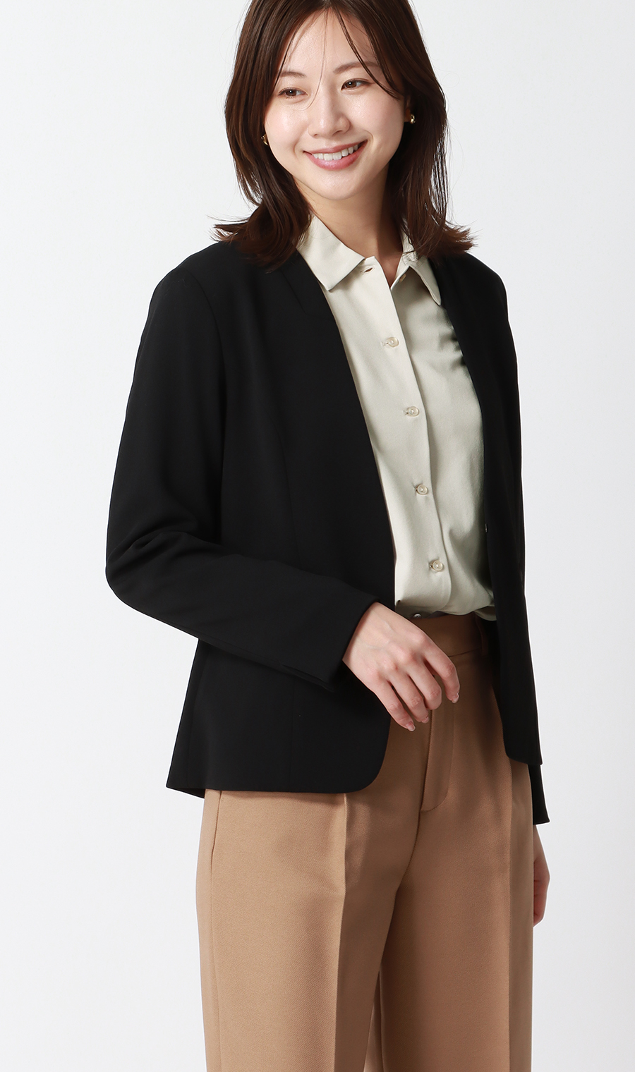 【みんなのブラウス】ゼロプレッシャーブラウス【シャツカラー】【長袖】 ベージュ S