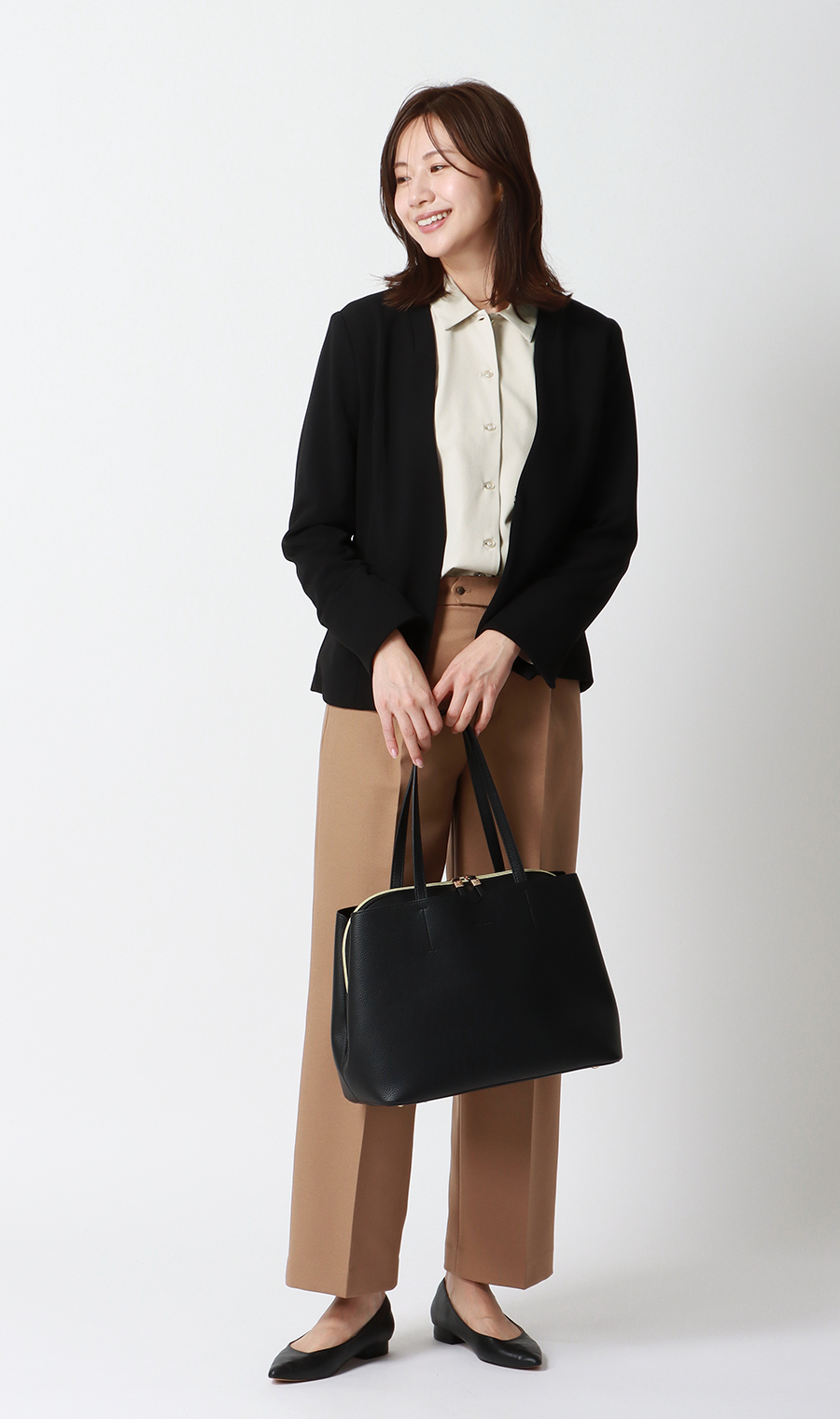 【みんなのブラウス】ゼロプレッシャーブラウス【シャツカラー】【長袖】 ベージュ S