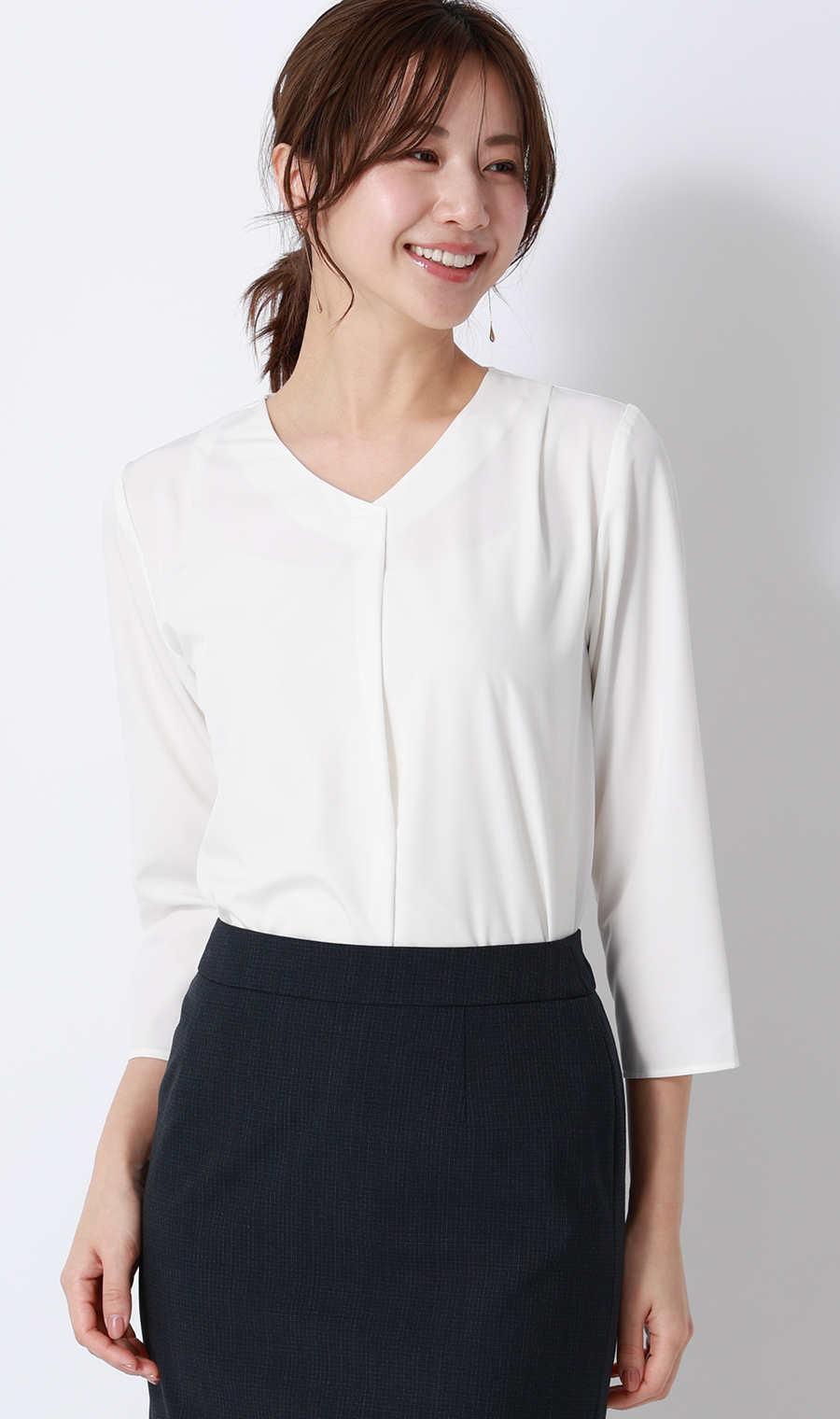 【みんなのブラウス】ゼロプレッシャーブラウス【Vネック】【七分袖】 ホワイト S
